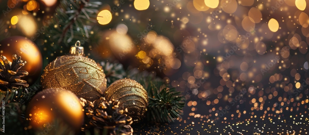 Poster shining golden christmas ornaments in a festive setting with copy space image