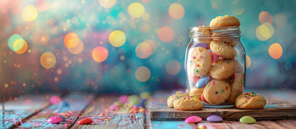 Aufkleber Easter cookies displayed in a glass jar on a wooden table with a colorful background allowing for copy space image
