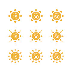 sun protection factor' icon set. 'SFP' icon with various sun shapes and numbers.