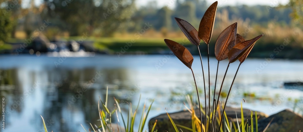 Leinwandbilder garden art featuring a weathered metal plant in a scenic setting with a serene lake in the backgroun
