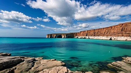 Video animation of  breathtaking coastal landscape. A large red cliff with horizontal stratification faces a body of water exhibiting various shades of blue, indicating varying depths