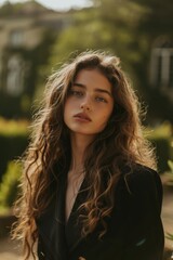 Naklejka premium Frontal portrait of a beautiful brunette girl with long wavy hair, 