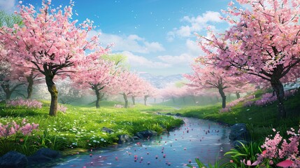 4. Peaceful parkland setting with a gentle stream winding through a grove of flowering sakura trees under a vibrant blue springtime sky.