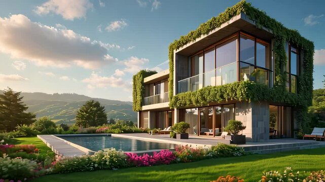 Video animation of modern two story house enveloped in green climbing plants. The house features extensive glass windows and walls.