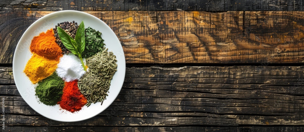 Leinwandbilder A colorful array of spices on a white plate set against a wooden backdrop provides ample copy space for text in the image