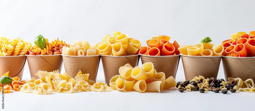 Aufkleber a colorful assortment of pasta displayed in disposable kraft paper cups against a white backdrop pro