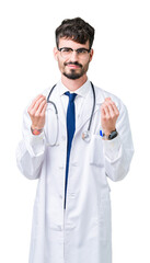 Young doctor man wearing hospital coat over isolated background Doing money gesture with hand, asking for salary payment, millionaire business