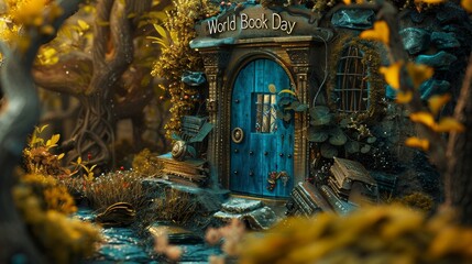 Fototapeta premium Illuminated manuscripts and scrolls with 'World Book Day' in a mystical garden background