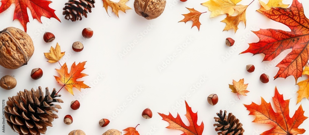 Fototapete Top view of a lovely autumn arrangement with colorful leaves pine cones and nuts on a white background ideal for adding text or images. with copy space image. Place for adding text or design