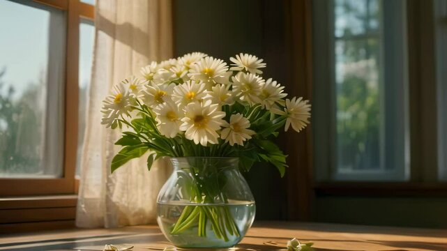 Viedo animation of bouquet of white flowers arranged in a clear glass vase. The vase sits on a wooden surface near a window, allowing sunlight to stream through