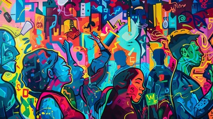 Fototapeta premium Vibrant murals and graffiti bustling 5 de Mayo urban celebration wallpaper