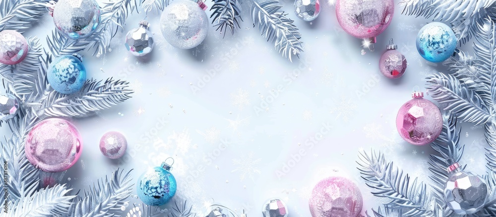 Aufkleber decorative winter holiday greeting card with a frame adorned by shiny silver pink and blue ball deco