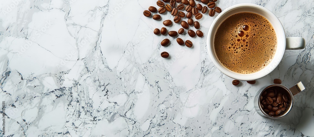 Poster coffee cup and beans on marble surface with copy space image