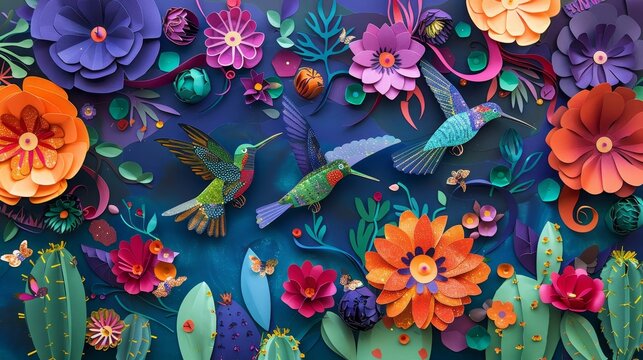 Papel picado and cactus blooms colorful hummingbirds in 5 de Mayo fiesta background