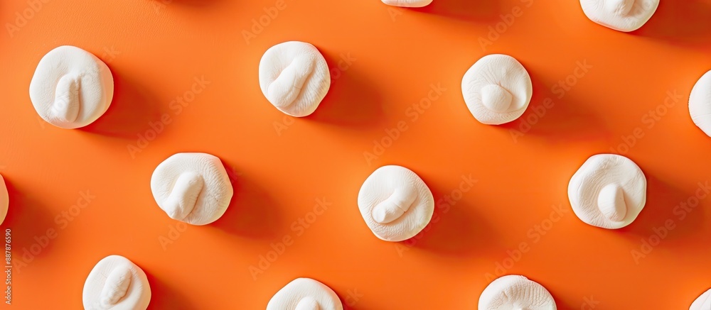 Poster Top down perspective displaying delectable marshmallows arranged in circles set against an orange background with ample copy space image