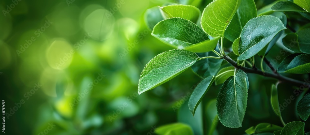 Poster Macro view of fresh green pear tree leaves in a spring or summer nature background with shallow depth of field for a copy space image