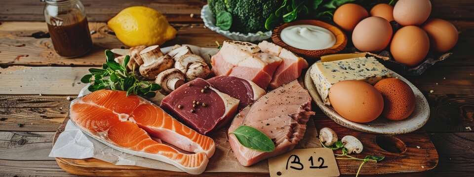 Vitamin B12 products on the table. Selective focus.