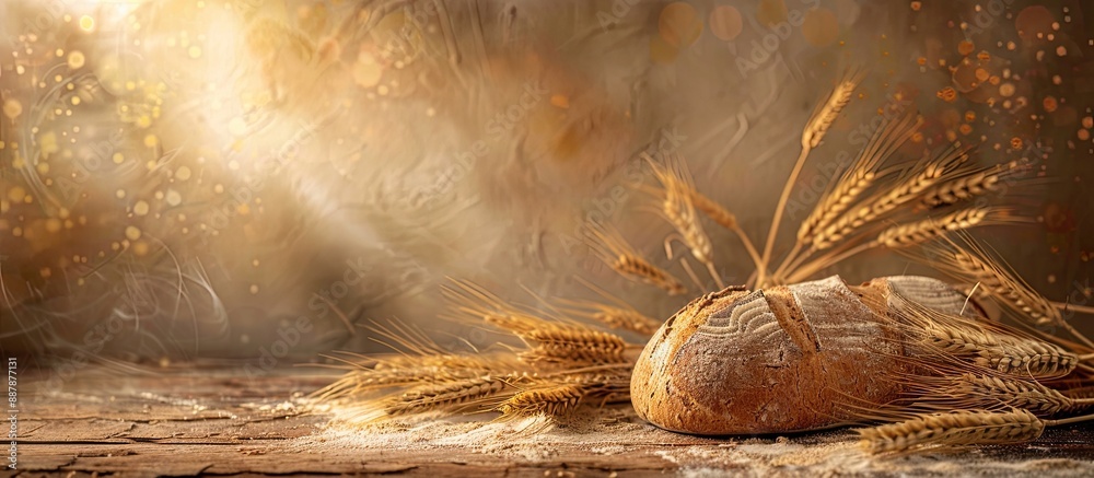 Fototapete bread accompanied by barley ears set against a rustic background with ample copy space image