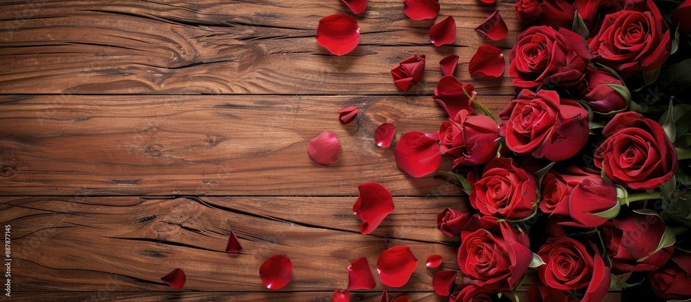 Aufkleber Looking down on red roses and petals on a wooden floor with a Valentine s Day theme and available space for adding text or images. with copy space image. Place for adding text or design