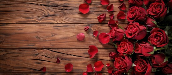 Looking down on red roses and petals on a wooden floor with a Valentine s Day theme and available space for adding text or images. with copy space image. Place for adding text or design