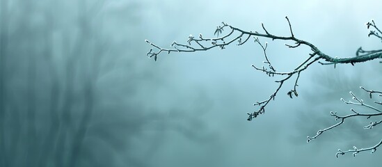 A serene backdrop in soft gray blue featuring a branch with a blurred background providing ample copy space image