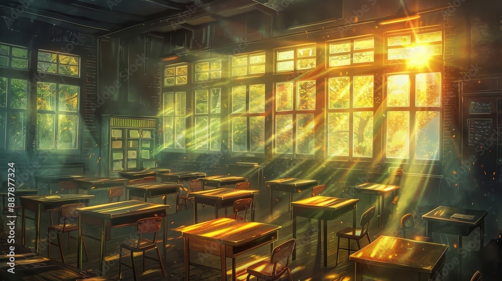 Wall mural sunrise classroom with soft light and rows of desks and chairs in warm background