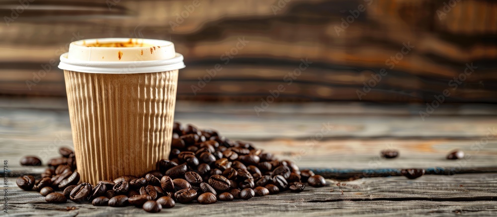 Aufkleber on a wooden table there s a paper cup with a latte alongside coffee beans with available copy space 