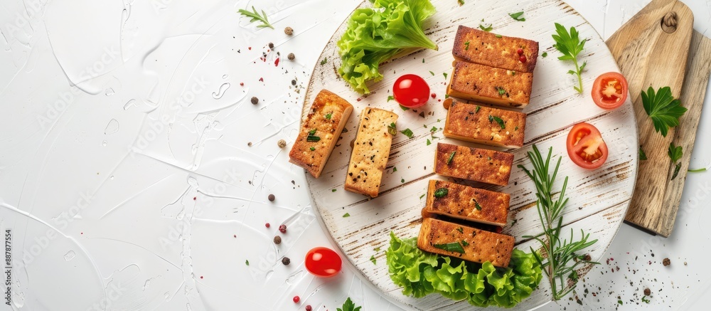 Leinwandbilder vegan food concept with sliced smoked tofu on white board against a white background creating a simp