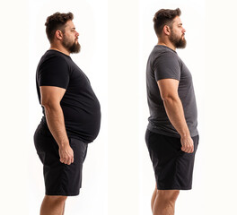 Before and after weight loss transformation of overweight man to slim. Concept Weight Loss Transformation, Before and After Photos, Overweight to Slim, Body Transformation, Fitness Journey