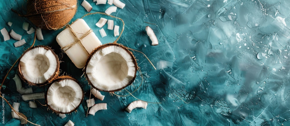 Aufkleber A top view image features handmade coconut soap and fresh coconut on a vibrant blue backdrop with room for additional elements