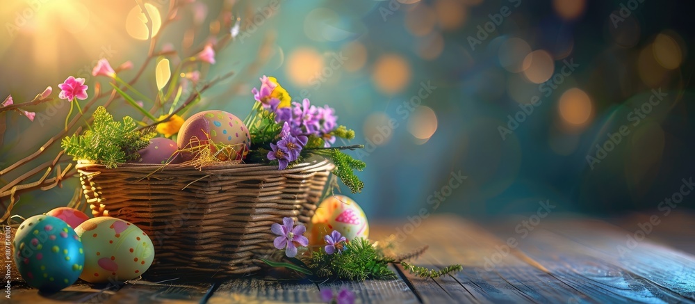 Aufkleber a wooden table displays a basket filled with vibrant easter eggs and a lovely flower creating a char