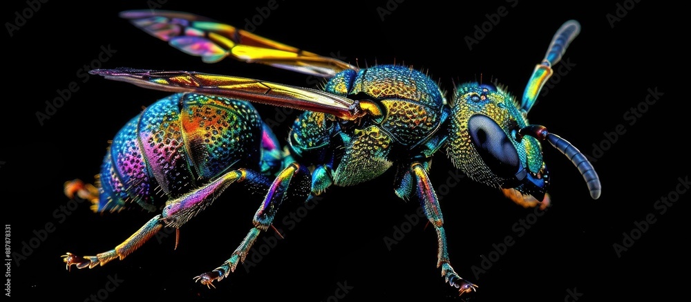 Poster a stunning iridescent wasp with vibrant colors in the copy space image