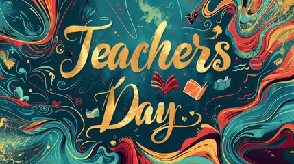 Abstract background with colors shapes and 'Teacher's Day' in gold letters