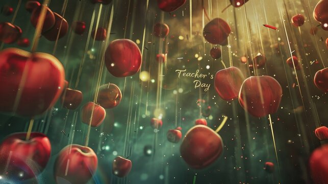 Floating apples and pencils with beams of light and 'Teacher's Day'