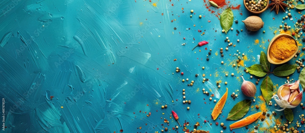 Poster Spices arranged on a blue backdrop with copy space image