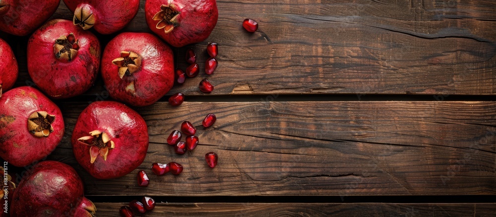 Poster a flat lay display with fresh pomegranates and room for text on a wooden surface. with copy space im