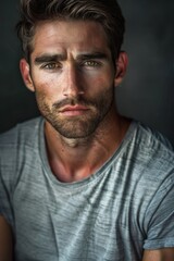 Fototapeta premium hyper realistic photograph of a handsome american man in a t-shirt looking directly at the camera