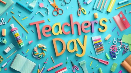 Collage of school supplies with 'Teacher's Day' in playful colorful letters