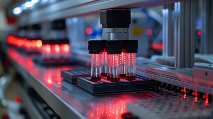 Close-up of a robotic arm transferring liquid samples into a multi-well plate on an automated laboratory system.