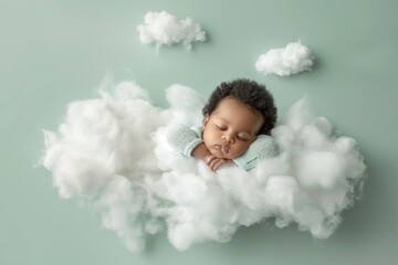 Cute Sleeping Afro Baby Sleeping On A White And Soft Cloud, Studio Photo, A Light Green Background, Baby Floating On A Cloud