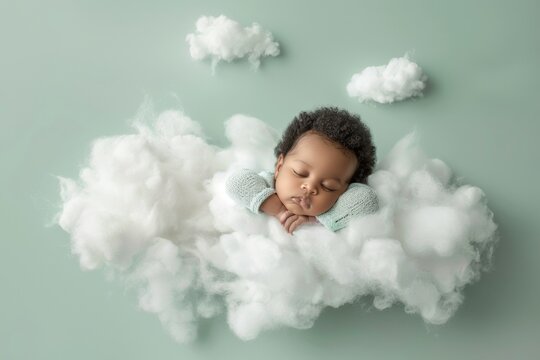 Cute Sleeping Afro Baby Sleeping On A White And Soft Cloud, Studio Photo, A Light Green Background, Baby Floating On A Cloud