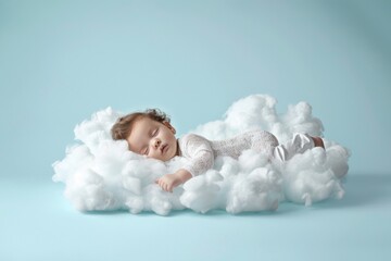 Cute Sleeping Baby Sleeping On A White And Soft Cloud, Studio Photo, A Light Blue Background, Baby Floating On A Cloud