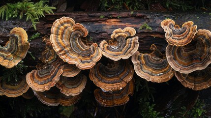 The species of turkey tail mushroom is Trametes versicolor. In the Pacific Northwest, Trametes versicolor (turtle tail mushrooms) growing on a log. Generative AI