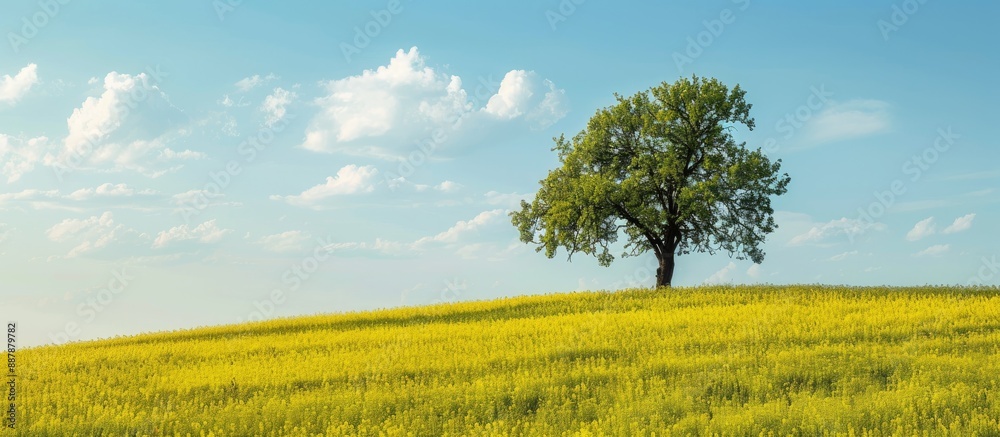 Poster Yellow rapeseed field with a tree grove on a hill provides a scenic view in this copy space image