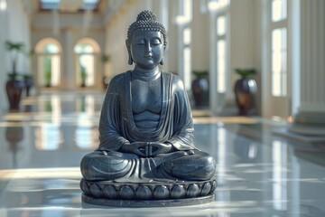 Tranquil Buddha statue in a modern interior, emphasizing serenity, mindfulness, and spiritual tranquility in a contemporary setting.