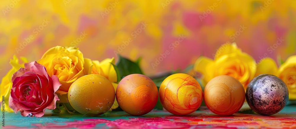 Aufkleber Celebrate Easter with a vibrant display of natural dyed eggs set on a colorful table alongside bright yellow roses creating a lovely background scene with available copy space image