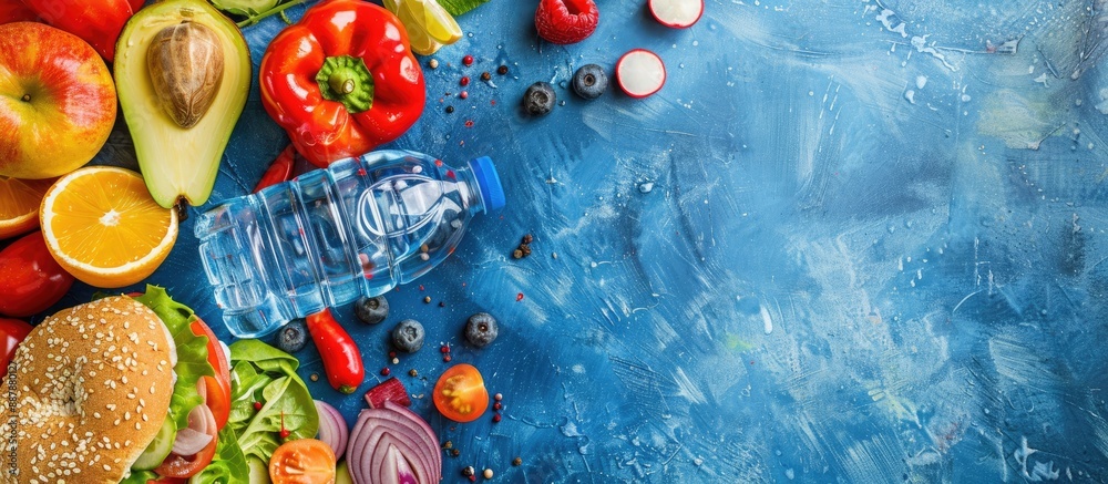 Aufkleber top down view of a nutritious school lunch featuring a beef sandwich fresh veggies bottled water and