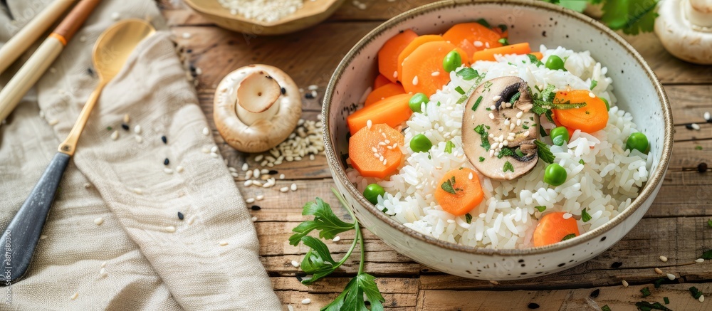 Aufkleber a vegetarian asian style dish with soft boiled rice champignon mushrooms and carrots on a wooden tab
