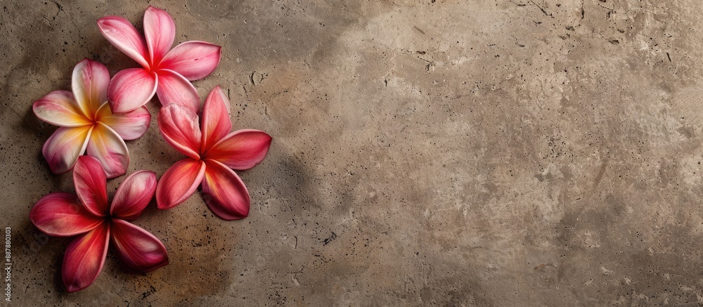 Poster plumeria flowers on a stone surface with space for additional images