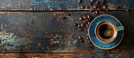 Top down view of a coffee cup beans on a vintage table with space for text or image insertion. with copy space image. Place for adding text or design